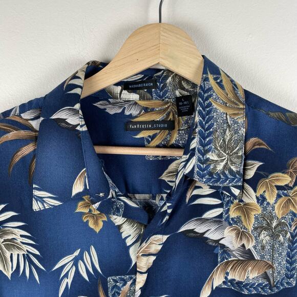 Van Heusen Hawaiian Aloha Tropical Button Up Short Sleeve Shirt Blue Size L - Picture 6 of 8